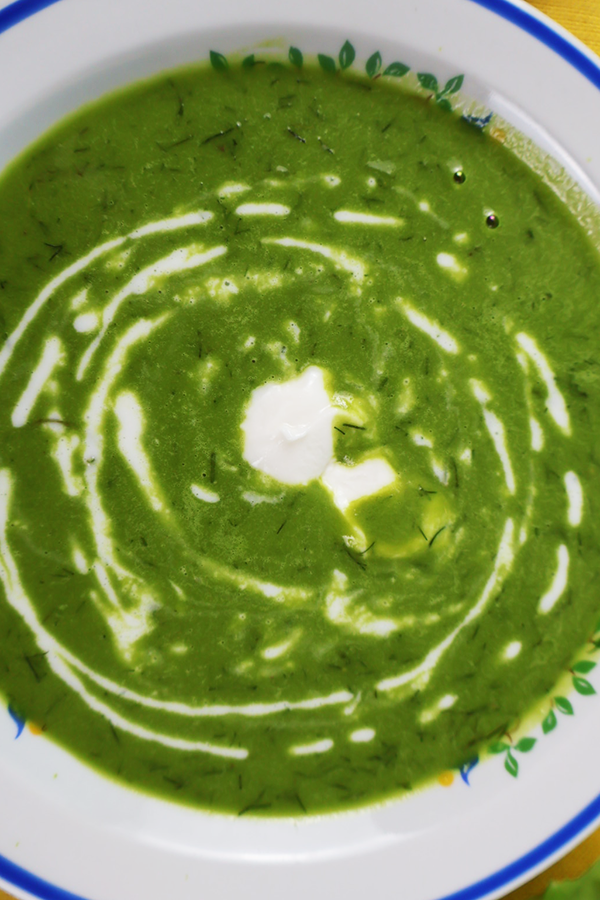 Zbliżenie na biały talerz z niebieską obramówką. W talerzu zielona zupa z dodatkiem śmietany.