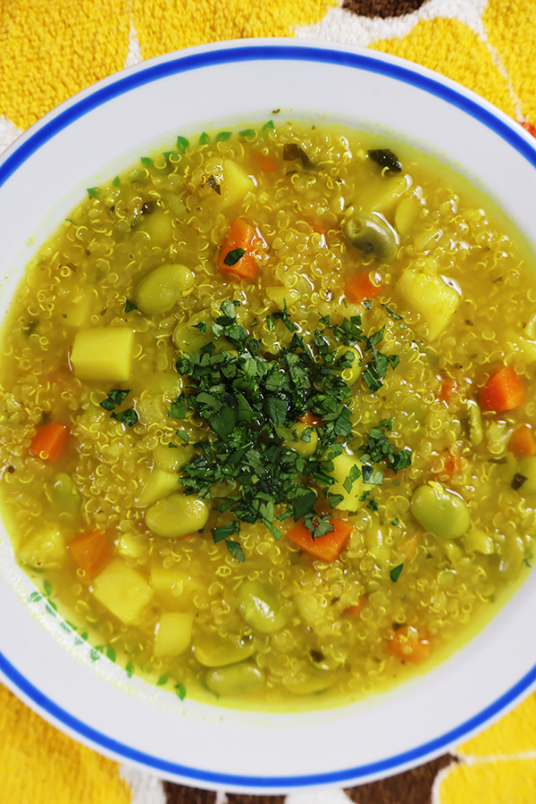 Zbliżenie na biały talerz z niebieską obramówką. W talerzu kolorowa zupa z dodatkiem komosy ryżowej, bobu, ziemniaków i posiekanej pietruszki.